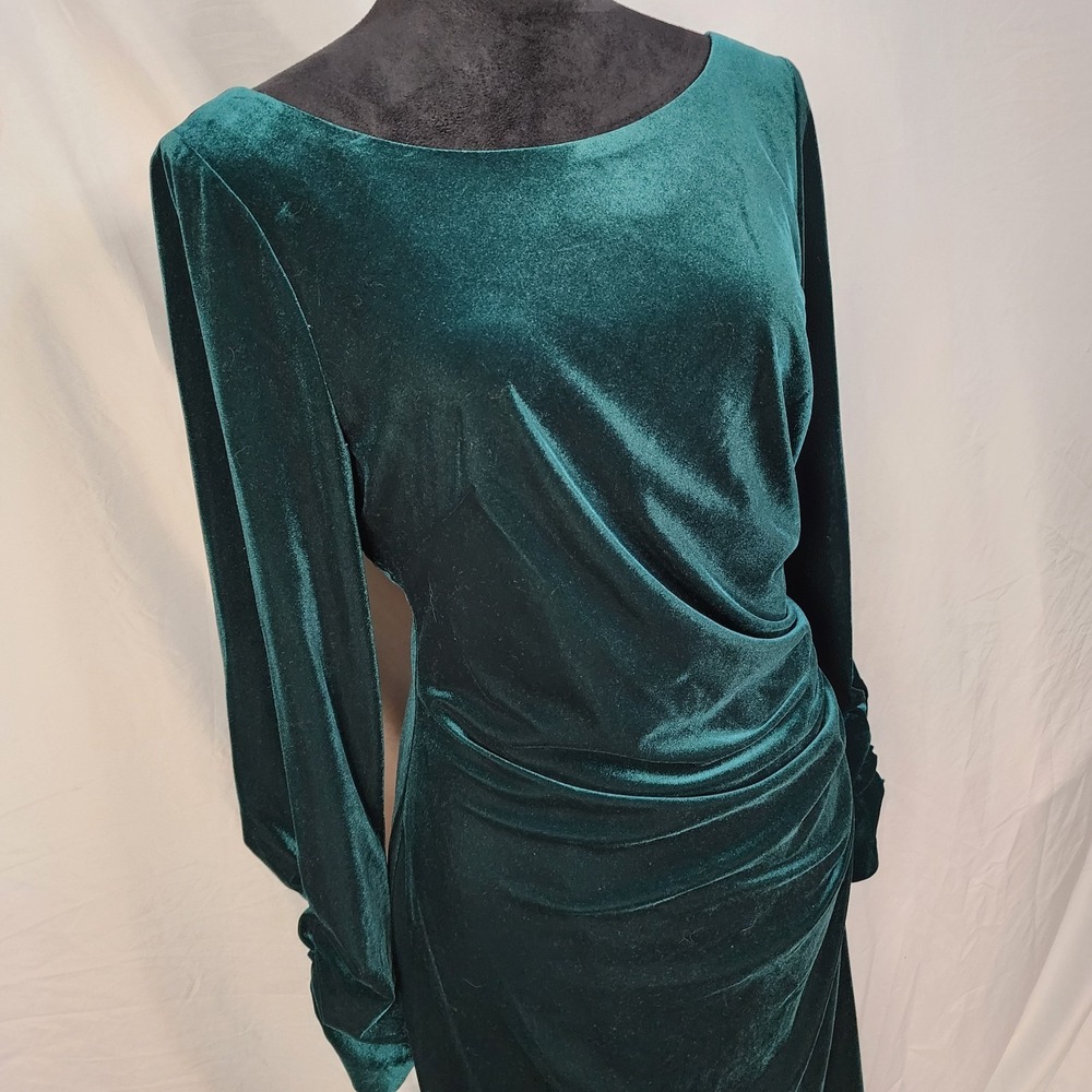New! VINCE CAMUTO Size 14 Green Velvet Drape Ruched Knee Length Cocktail Dress - Picture 7 of 13